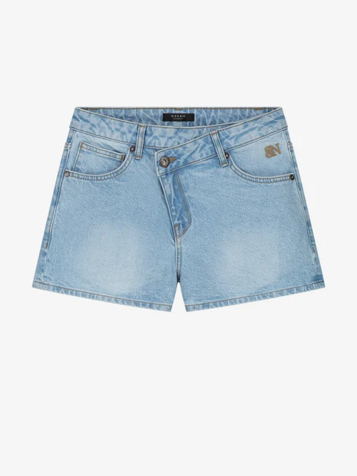 Denim short met schuine knoop