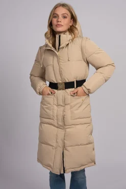 Lange puffer jas met riem en afneembare mouwen