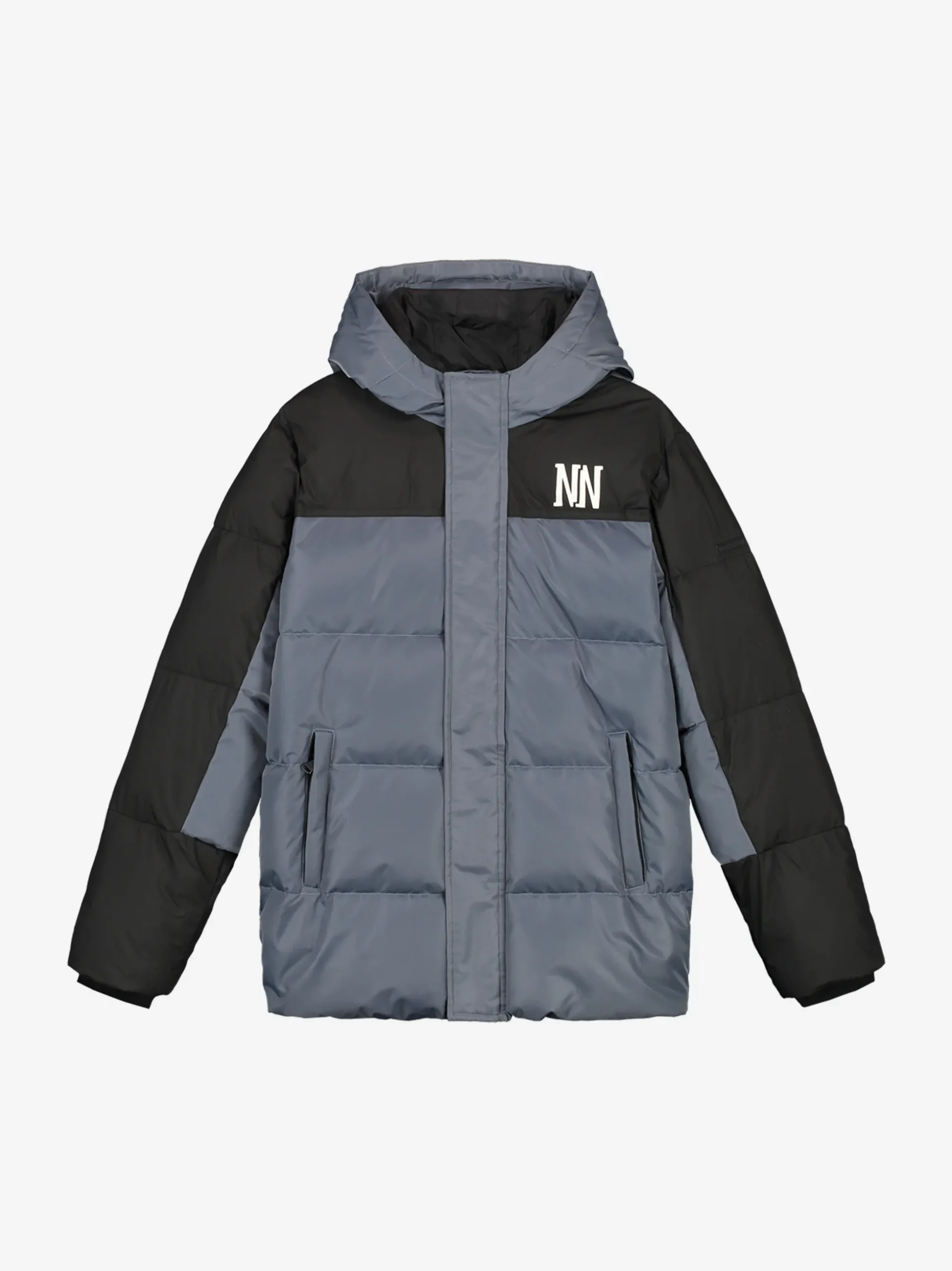 Puffer jack met capuchon en logo