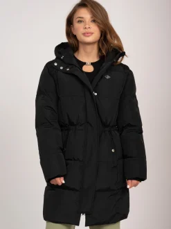 Puffer jas met capuchon en getailleerd middel